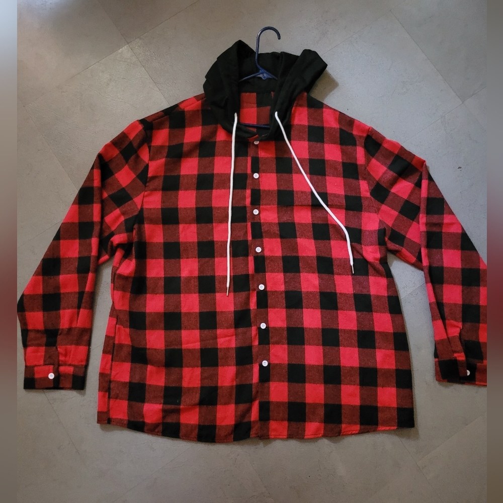 Men Buffalo Plaid Drawstring Hooded Shirt